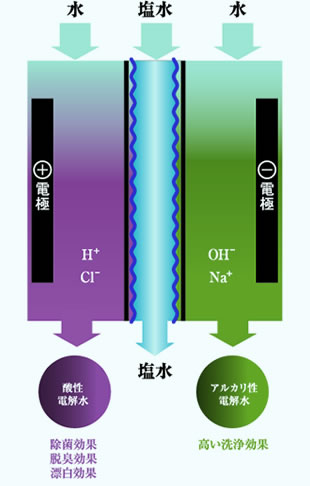 電解水の生成に必要なのは、「水」と「塩」と「電気」だけ。